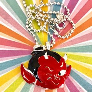 Little winking red devil baby enamel necklace NWT